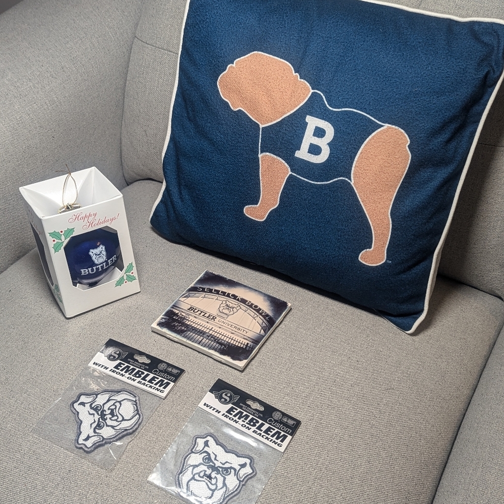 Butler University Pillow, Iron on patches, ornament, and collectible tile.